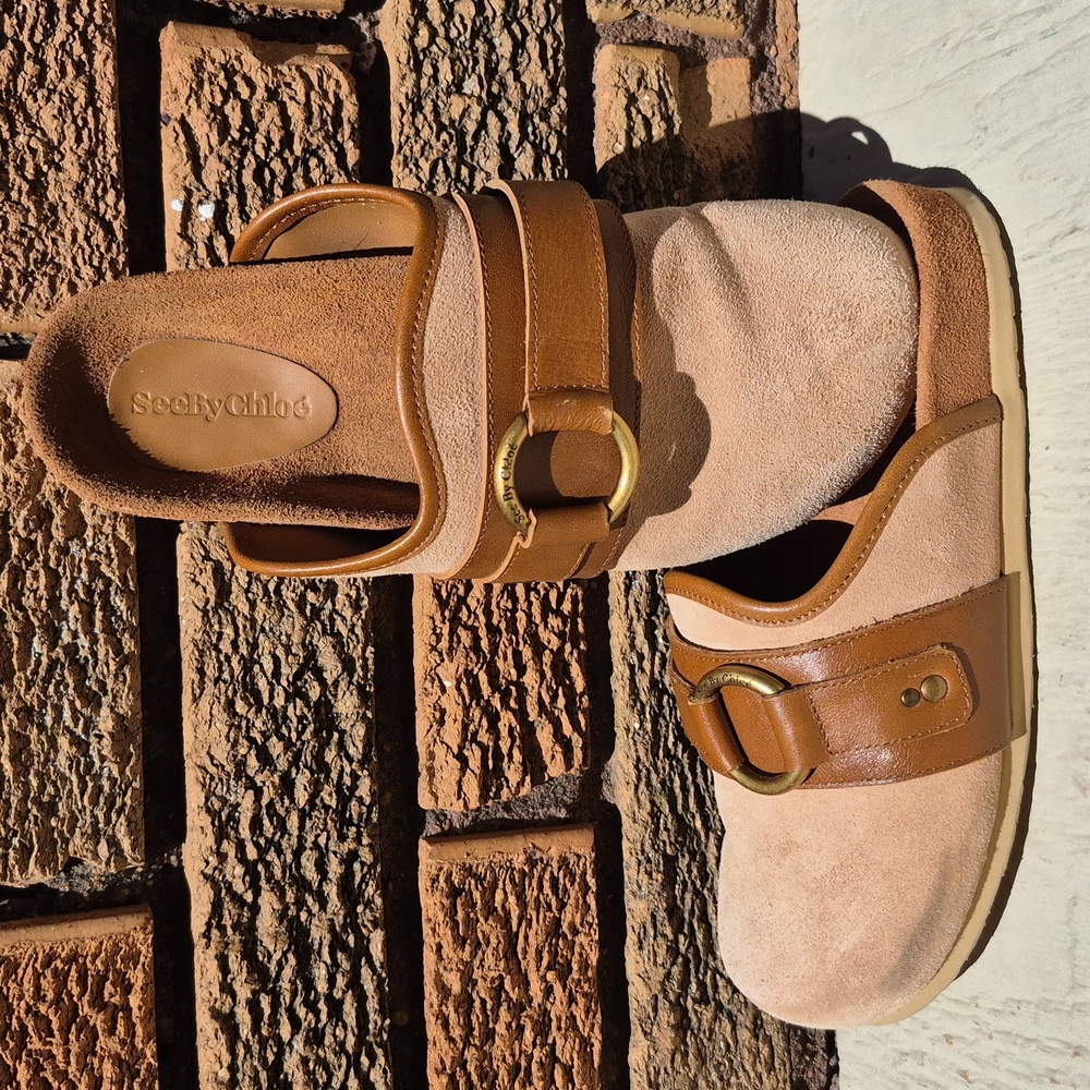 See by Chloe Gema Tan Brown Suede and Leather Mules Clogs US Size 7 EUR 37
